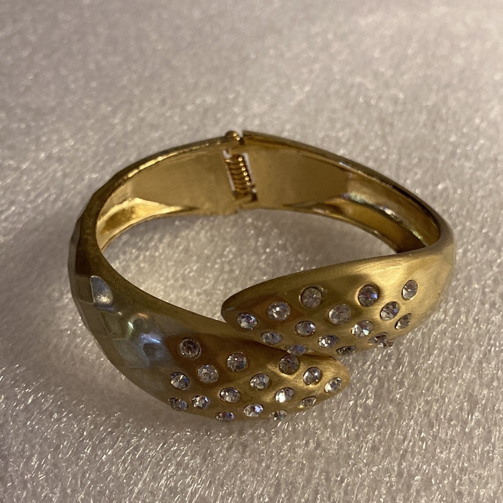 Brushed Goldtone Textured Spring Snakeskin Style Cuff Bracelet With Crystals